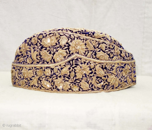 Nawabi Topi (Hat) Zardozi Embroidered on cotton velvet, With Real Silver Thread with Gold Polish, From Varanasi, Uttar Pradesh, India. India.Late19th Century.
           