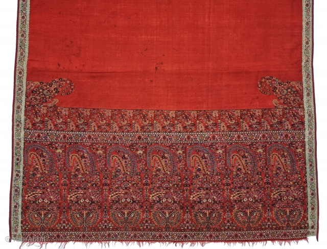 
An Unique And Rare Jaipuri Floral Palledar Shawl of Kani Jamawar, From Kashmir, India.

 C.1815-1825. 

Its Size is 125cmx285cm.

Pallu Size 45cmX115cm 
(Each Buta Size is 15cmX36cm).
.       