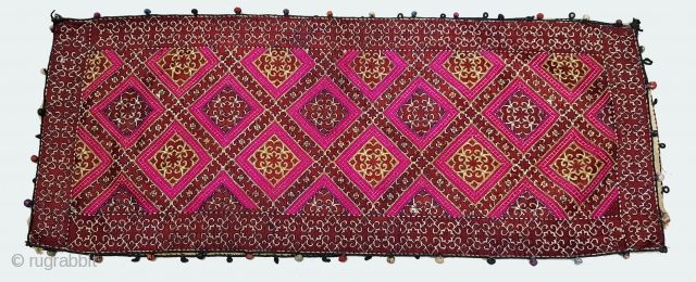 Pillow-Cover,Swat Valley(Pakistan). India.Cotton embroidered with floss silk.with woolen Braiding and Tassels.C.1900.Its size is 40cmx80cm(20171229_155707 New).                  