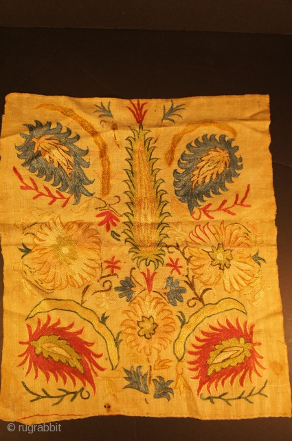 19th C. Anatolian(?) textile. 14 1/2' x 16 1/2'; silk on linen. Side edges as woven with top and bottom with a finished fold. Some blacks corroded; stain in lower right with  ...