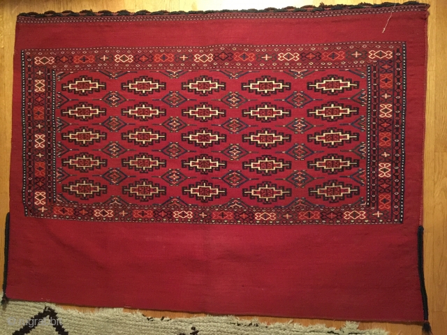 Antique Yomut soumak chuval, 110x80 cm. Probably made between 1880-1910, all the colors are fine and it´s almost in mint condition, it has three small repairs on the back. A lovely piece. 