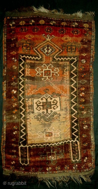 From Sonny Berntssons collection:
East Anatolian prayer rug fragment 73 x 130 cm
Circa 1870.
Mounted on fabric.
An old used prayer rug with damage as can be seen on photos.
More info if you ask.
NOTE: E-mails  ...