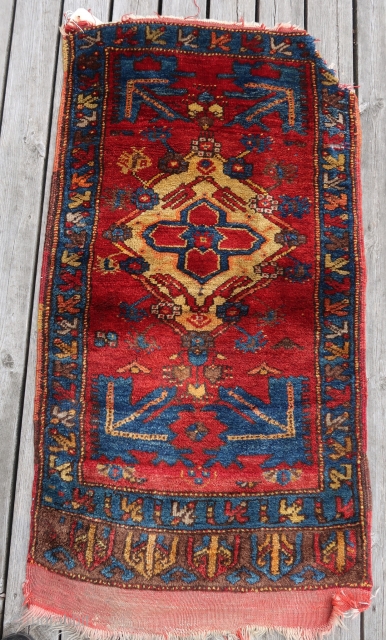 From Sonny Berntssons collection:
No 75 Gelveri (Güzelyurt) yastik fragment circa 1915.
58 x 108 cm.
One corner is damaged as you can see. The rest of the yastik is in excellent condition with pile  ...