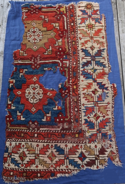 From Sonny Berntssons collection:
No 695 Antique Anatolian rug fragment mounted on fabric.
73 x 123 cm plus fabric. Fantastic colours.
More info or photos if you ask.

Shipping cost will be added.    