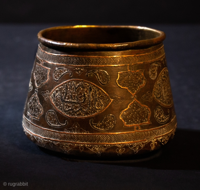 Mamluk style Syrian bowl with very beautiful detail inlaid with silver . Brass and copper with great surface patination.              