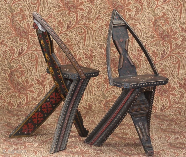  pair of Orientalist  folk art  chairs with incredible decoration and brass studs.Russia  Circa 1900-15 Each is the same but has a variation of painting on the reverse.  