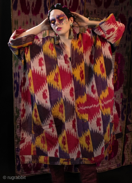 Antique  Ikat silk tunic from Bukhara can be worn loose or belted. Fits all . see singkiang.shop for purchase             