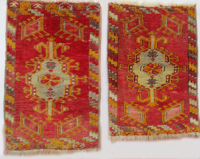 PAIR OF EARLY 20TH CENTURY ANATOLIAN YASTIKS found in Konya and possibly originating in Kirsehir to the north west.    They are both very finely woven.  The pile is  ...