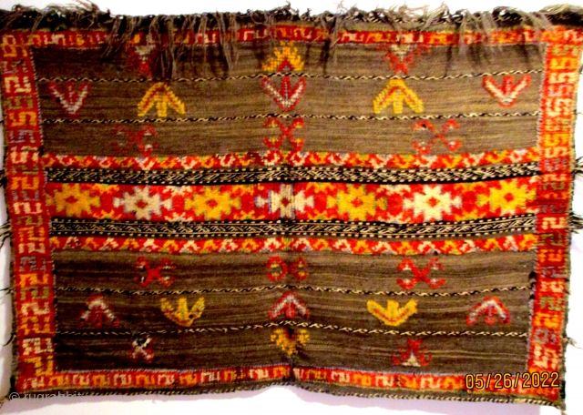 BERBER KILIM -- HORSE BLANKET Which is old, mellowed and has a lustrous sheen on all the shades of wools used in the sections of knotted pile. Many shades of undyed grey  ...