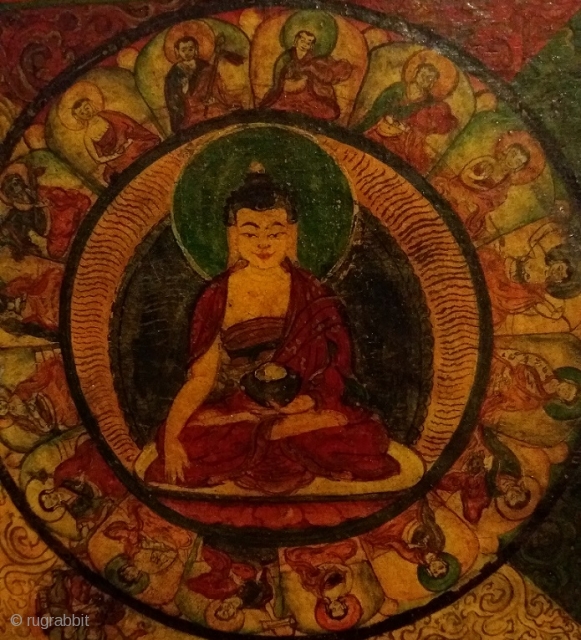 Old Tibetan painting removed from the wooden panel of a damaged cabinet, distemper on cloth, circa 32 by 32 cm: a mandala of the Medicine Buddha?       