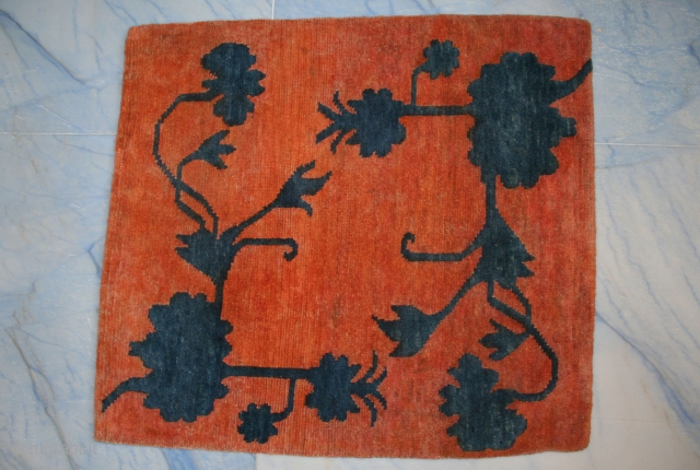 Lovely Tibetan mat, rare pattern with indigo flowers cut in high relief (Tib.: buma rimo, i.e. "cut like a mountain"), good condition, uncommon, circa 1920-30, Xmas special.      