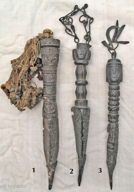 3 Nepali wooden phurba (ritual object) with metal, length 33, 31 and 29cm. Age c. 100 years.                