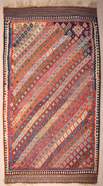 Persian Unusual Qashqai Rug circa 1870 size 145 x 269 cm with kilim ends. We used to see this design on Qashqai kilims but this is something unusual.Rare to see this design  ...