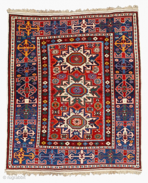 Caucasian Kuba Rug
Caucasian Kuba Rug Circa 1850s The red field contains three Lesghi stars, alternately in shades of blue and white, which are surrounded by a multitude of small hooked diamonds, stars,  ...