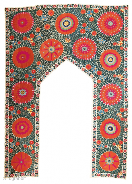 Samarkand Suzani Tent Entrance
310 x 225 cm
Uzbekistan, late 19th century
Condition: good, right upper corner slightly damaged, minor small damages in the foundation
Silk on cotton

http://www.galleryaydin.com/urun/samarkand-suzani-tent-entrance/         