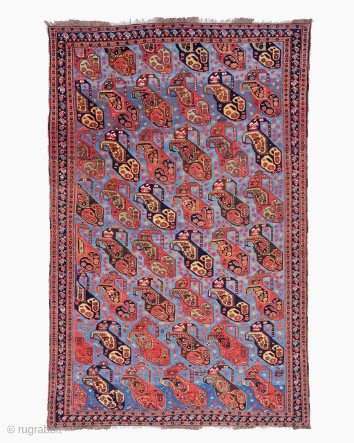 An antique Khamseh tribal rug the rare and intriguing, mother and child Boteh design. All good dyes.
Rugs with this design woven in this format are quite scarce, most are much bigger and  ...