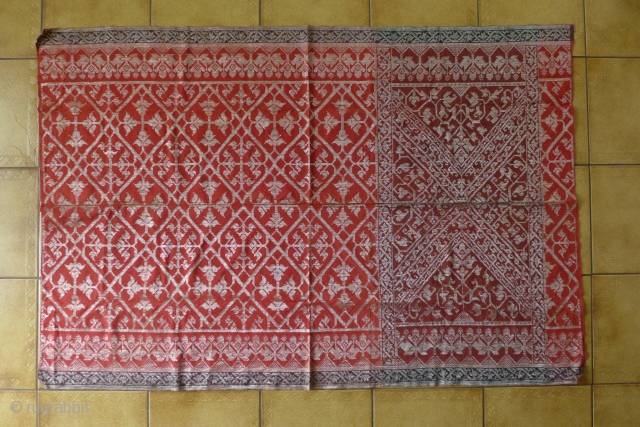 Songket, supplemental weft. Kre Alang, Sumbawa, Silver Thread. 1930 or older. Minor stain (betel?) in one area. (The tiles in the photo are 12" x 12".)       