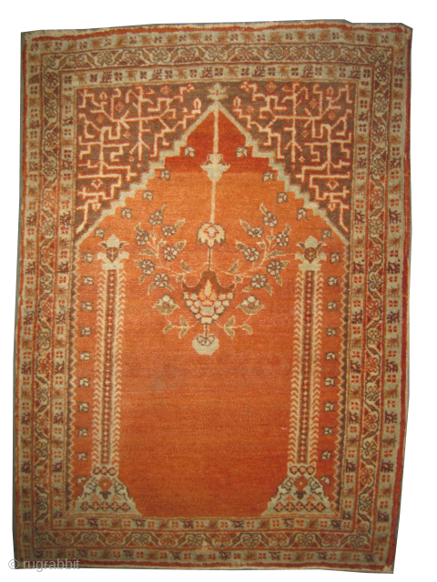 

Hajijelili-Tabriz Persian, knotted circa 1895 antique, 57 x 81 cm, ID: K-4577
Prayer design, vegetable dyes, the knots are hand spun lamb wool, the black knots are oxidized, high pile, in perfect condition,  ...