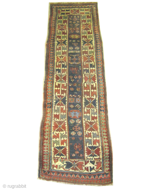 

Talish Caucasian, 95 x 320 cm, ID: K-4415
Vegetable dyes, the black knots are oxidized. The knots, the warp and the weft threads are hand spun wool. The background color is indigo, the  ...