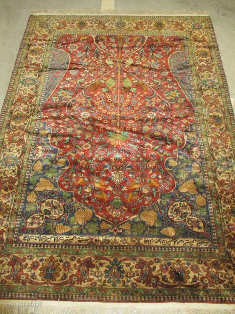 Amritsar Indian, dated 1308 = 1890, 168 x 231 cm, ID: KZM-3
The knots are hand spun pashmina wool, tree of life design, rust background, very finely knotted 900'000 knots in square meter,  ...