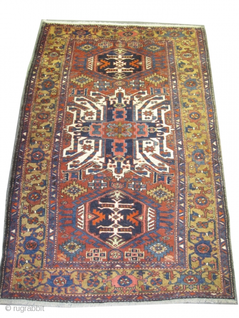 	

Karadja Persian. Semi-antique, Size: 215 x 145 (cm) 7' 1" x 4' 9" 
 carpet ID: K-4128
Vegetable dyes, the black color is oxidized, the knots are hand spun wool, the shirazi borders  ...