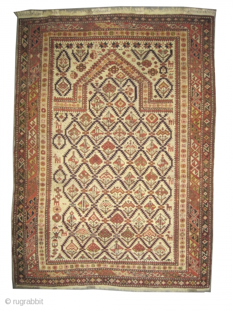 
Shirvan prayer Caucasian knotted circa in 1905 antique, collector's item.  179 x 130 (cm) 5' 10" x 4' 3"  carpet ID: V-11
Prayer design, the background color is ivory, the surrounded  ...