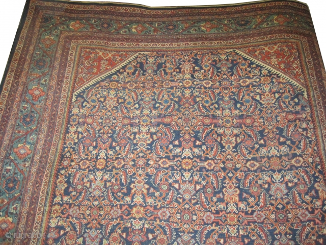 Mahal Persian knotted circa in 1918 antique, 403 x 305 (cm) 13' 3" x 10'  carpet ID: P-5108
Navy blue background, the knots are hand spun wool, allover Herati design surrounding with  ...