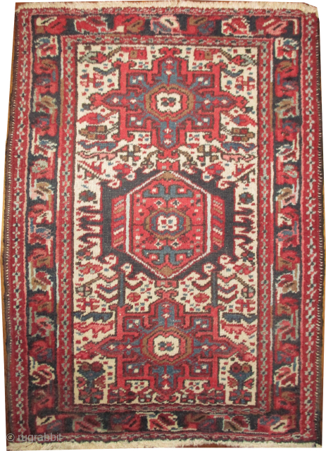 


Karadja Persian, knotted circa 1930, 61 x 86 cm, ID: BRDI-71
The knots are hand spun lamb wool, the black knots are oxidized, the selvages are woven on two lines with wool, thick  ...