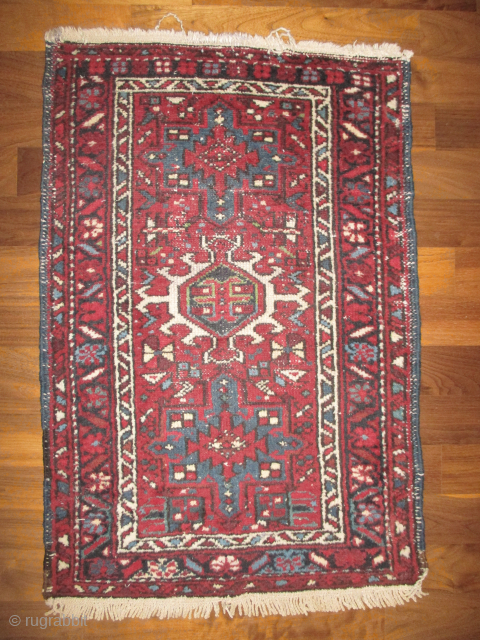 Karadja Persian, knotted circa 1935, 58 x 80 cm, ID: RAU-3
Slightly short pile, the black knots are oxidized, in its original shape, rust background.         