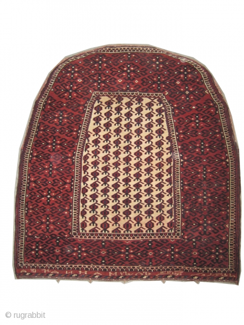 	

 Horse cover Yemouth Turkmen dated 1314 = 1896 antique. Collector's item with Islamic inscriptions. Size: 106 x 98 (cm) 3' 6" x 3' 3"  carpet ID: K-5210
The knots are hand  ...