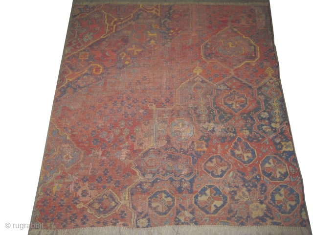 

Fragment Ushak Turkish, knotted circa in 1760 antique, collector's item. 250 x 219 (cm) 8' 2" x 7' 2"  carpet ID: P-5027
The black knots are oxidized. The knots, the warp and  ...