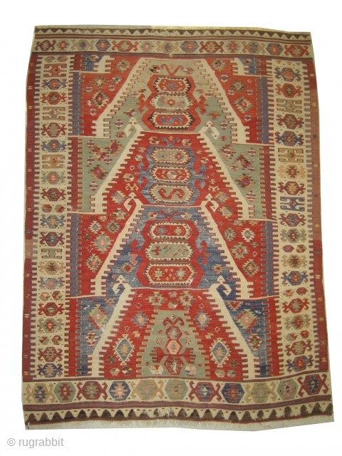 

Konya saff Anatolian kilim knotted circa 1780 antique, museum standard, collectors item. 190 x 140 cm  carpet ID: AZ-2701
Family prayer kelim, the surrounded large border is ivory, rare design. The black  ...