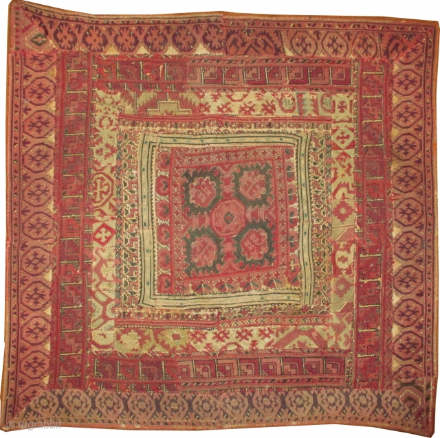 
Greek Iland patchwork, woven circa 1870 antique, collectors item, museum standard, 59 x 61 cm  carpet ID: PT-2
Embroidered with hand spun silk and cotton, in perfect condition.
     