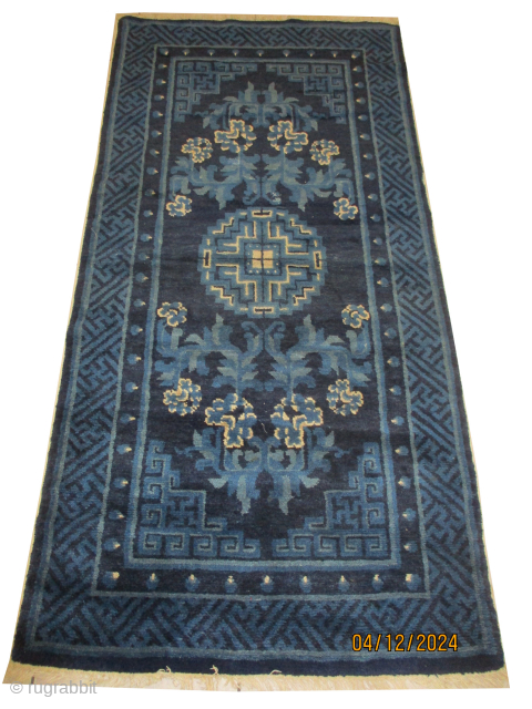 Chinese, knotted circa 1910, antique, 77 x 141 cm, ID: KZM-13
Indigo background, thick pile, in perfect condition, vegetabled dyes.              