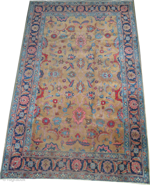 

Tabriz Persian knotted circa 1925 antique, 178 x 263 cm, ID: P-6260
The knots are hand spun lamb wool, all over floral design, the background color is light cinnamon, the surrounded large border  ...