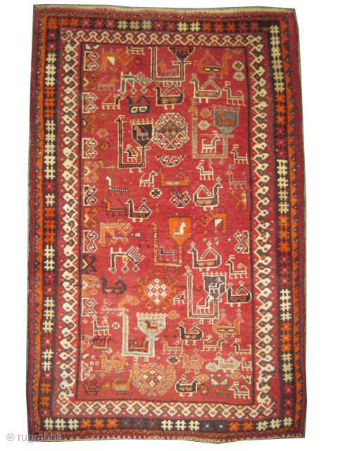 

Gabbeh Nomad Persian, knotted circa 1925 antique, 100 x 158 cm, ID: T-700
Vegetable dyes, certain colors are oxidized, high pile in perfect condition, the knots are hand spun wool, the warp and  ...