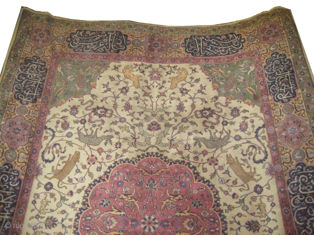 


 Amritsar Indian, knotted circa in 1922 antique, 340 x 245 (cm) 11' 2" x 8'  carpet ID:P-6020
From 16th century Mohgul design, ivory background decorated with animals, the center medallion is  ...