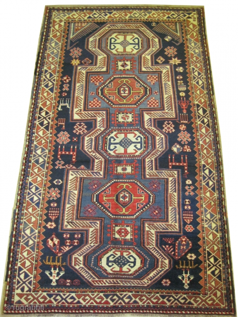 

Kazak Ordutch design, knotted circa in 1900, antique, collectors item, 265 x 150 cm 
 carpet ID: K-3529
In good condition, high pile, the black knots are oxidized, the warp and the weft  ...