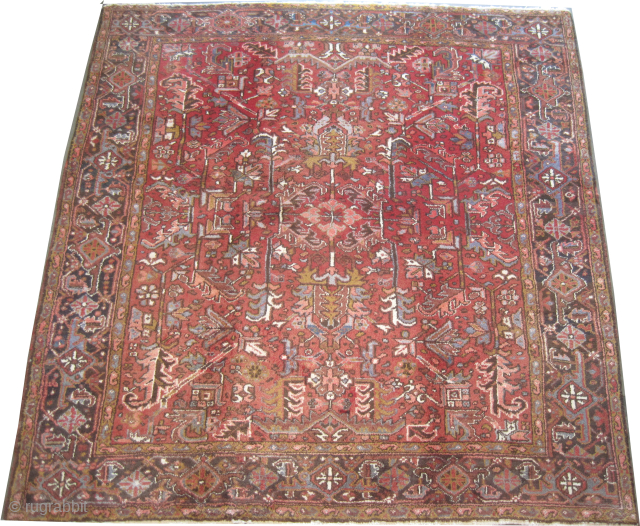 Heriz Persian, knotted circa 1935 semi antique, 221 x 236 cm , ID: P-6294
The knots are hand spun wool, all over design, the surrounded border is indigo, rare size, both selvages are  ...