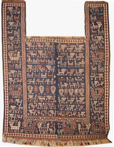 	

Horse cover Soumak Caucasian, dated 1320 = 1902, antique, collector's item, 151 x 114 (cm) 4' 11" x 3' 9"  carpet ID: A-186
Woven with hand spun wool, peacock design, in good  ...