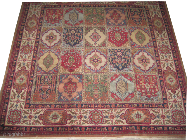 
Indian, knotted circa 1950, 220 x 220 cm, ID: CWB-12
The knots are hand spun wool, thick pile, in perfect condition, finely knotted, garden design, the shirazi borders are woven on two lines,  ...