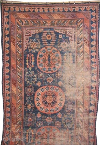 Khotan, Size: 370 x 200 (cm) 12' 2" x 6' 7"  carpet ID: K-4818
Part of the pile is used to be knotted, the edges are finished with 2cm kilim, at the  ...