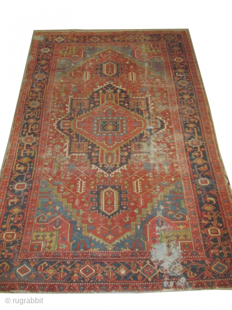 Serapi Heriz Persian, knotted circa 1895 antique, 225 x 335 cm, carpet ID: P-5706
The knots are hand spun wool, certain places to be knotted.         