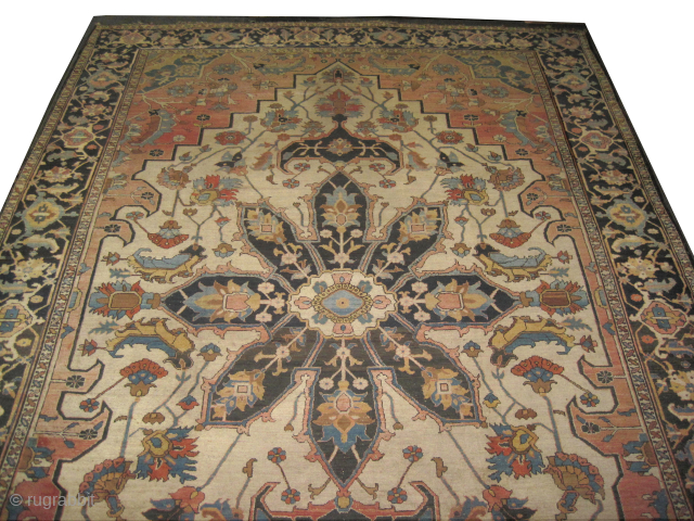 


Serapi Heriz Persian, knotted circa 1880 antique, 360 x 560 cm, ID: P-1875 
High pile, in good condition, vegetable dyes, the black knots are oxidized, the knots are hand spun wool, the  ...