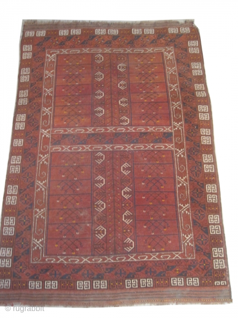 
Engsi Afghan, old, 191 x 138 (cm) 6' 3" x 4' 6"  carpet ID: HGW-4
Both edges are finished with kilim, the shirazi borders are woven on two lines with goat hair,  ...