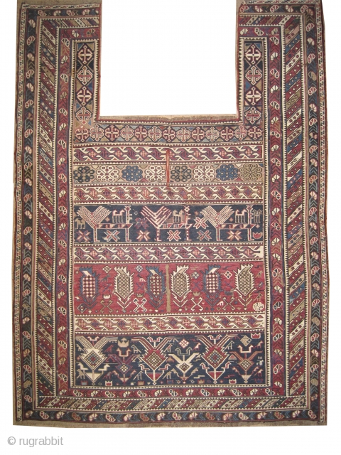 
Soumak horse cover Caucasian circa 1905 antique, collector's item. Size: 149 x 110 (cm) 4' 11" x 3' 7"  carpet ID: A-112
Two tiny places 1x1 cm to be repaired. The white  ...