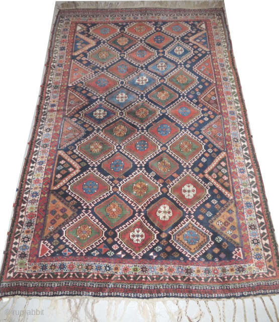 

Qashqai Persian, semi antique, 162 x 246 cm, ID: BRDU-25
The knots, the warp and the weft threads are hand spun wool. The background is indigo, the surrounded large border is ivory, both  ...