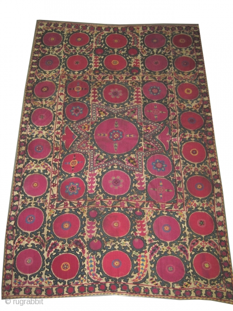 
Suzani Uzbek circa 1890 antique. Size: 287 x 187 (cm) 9' 5" x 6' 2"  carpet ID: A-1002
Silk embroidery on hand woven linen and the design is made with needle work,  ...