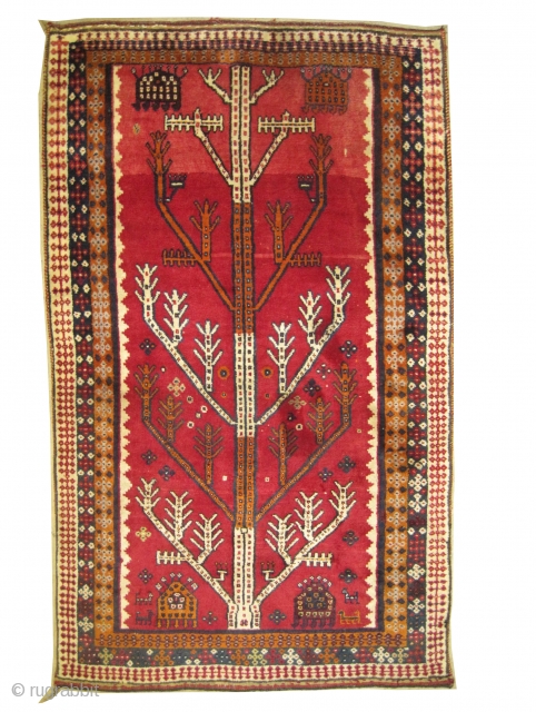 	

Gabbeh Nomad Persian, old,  184 x 115 (cm) 6'  x 3' 9"  carpet ID: T-680
Tree of life design, the warp and the weft threads are mixed with wool and  ...