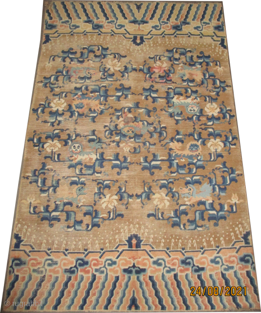 
Ning Xia Chinese lion-dogs, knotted circa 1890 antique, collectors  item, 154 x 244 cm, ID: K-4673
Decorated with nine lion-dogs, the knots are hand spun wool, golden background, most of oxidized places  ...